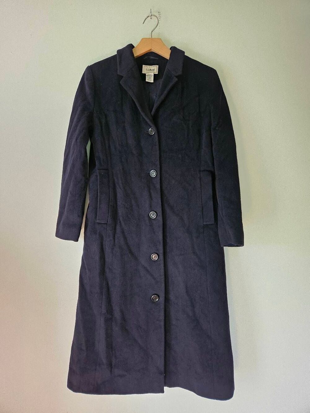 L.L.Bean Navy Blue Wool Cashmere Blend Long Coat Women's Petite 4 Classic Topcoa